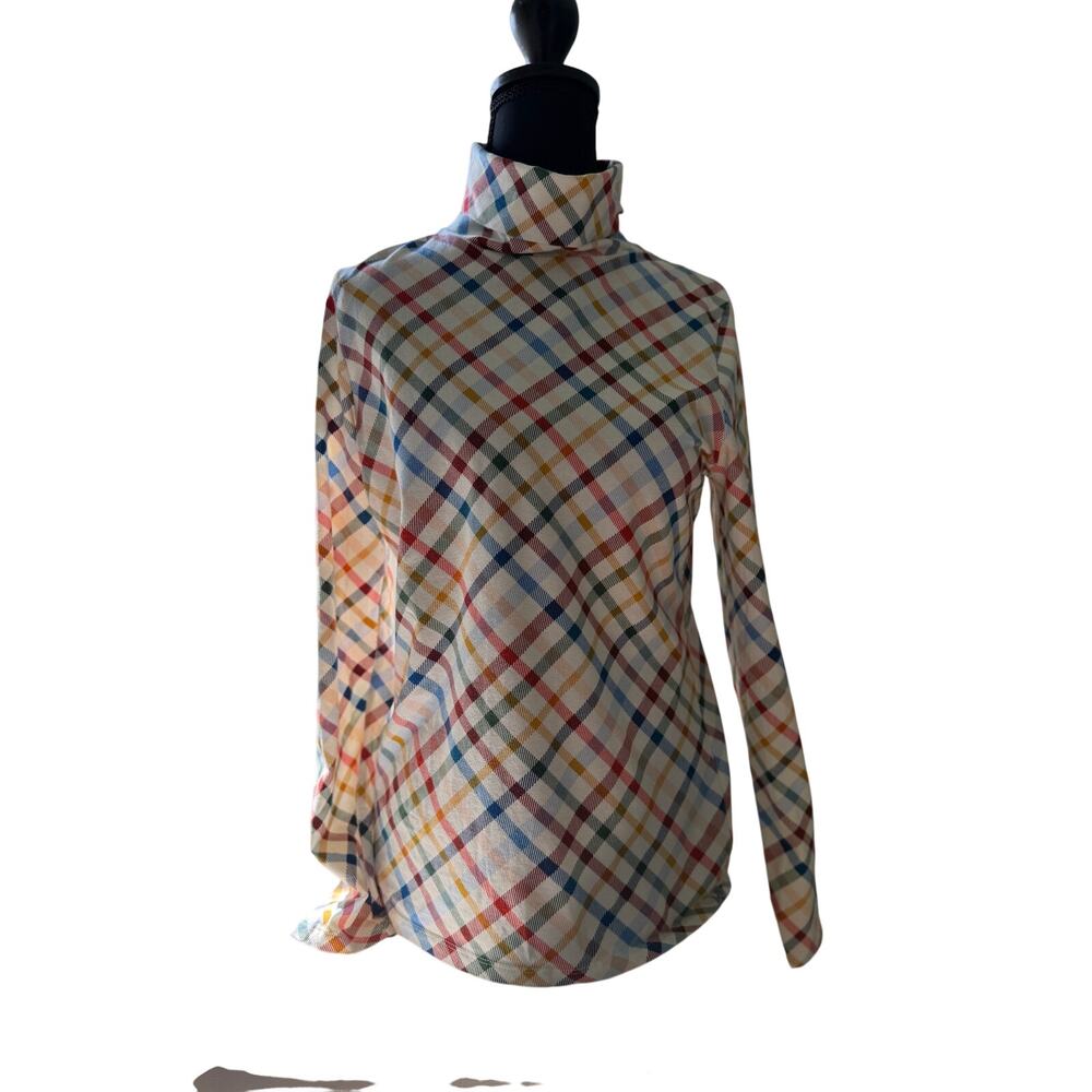 Talbots Plaid Turtleneck Top Small Multicolor Cotton Stretch Long Sleeve